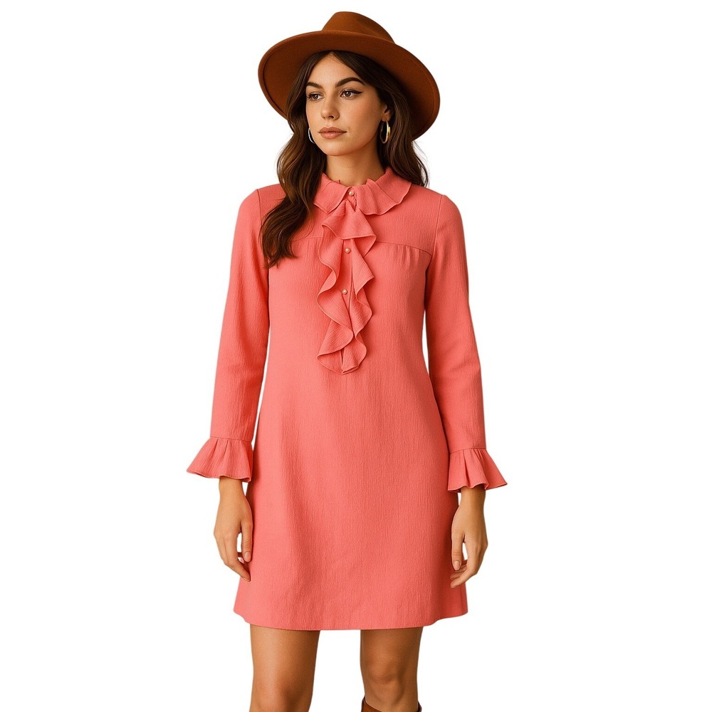 VINTAGE 70's Retro Crepe Pink Ruffle Shift Dress Mod 60s Dollycore‎
